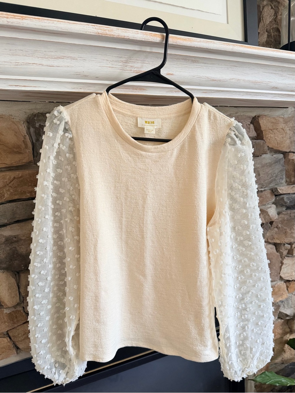 Anthropologie Cream Puff-Sleeve Sheer Knit Top